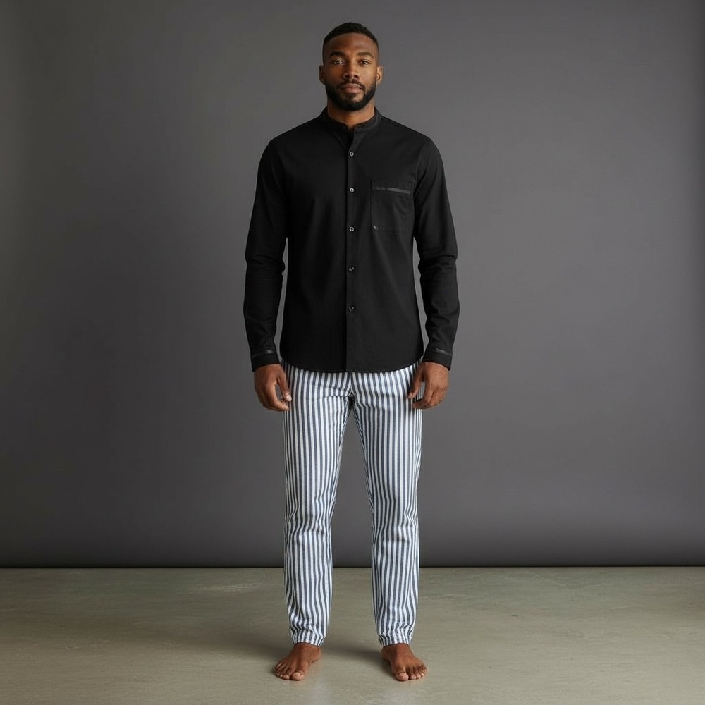 David Archy Mens Black Band Collar Pajama Top Striped Pants Sleepwear Set Size L
